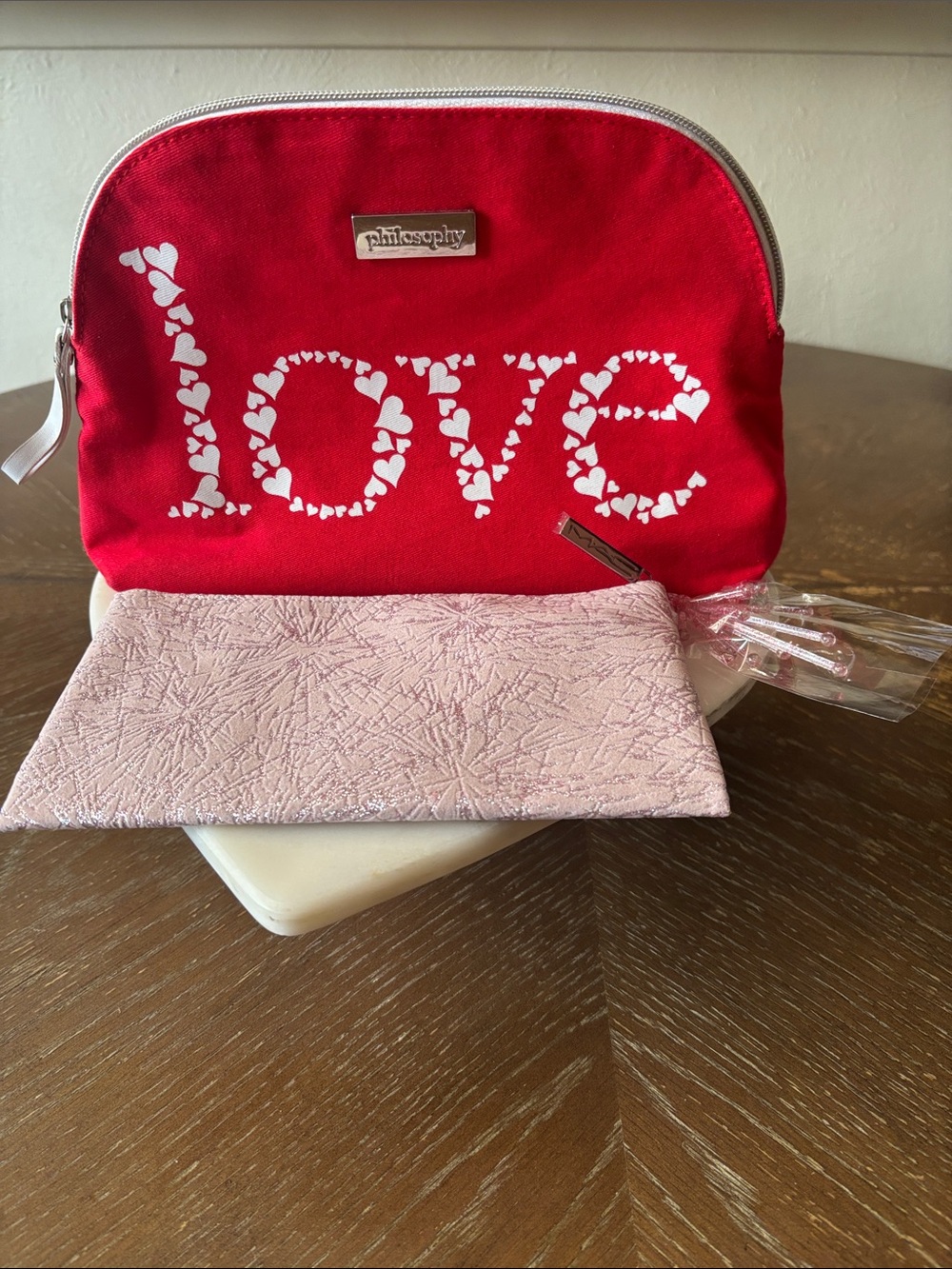 Philosophy Love red + MAC baby Pink & silver Glittery star makeup bags Bundle